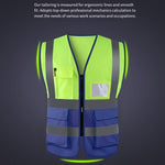 Multi Pocket Reflective Vest High Visibility Zipper Vest Safety Warning Vest 4 Reflective Strips - Fluorescent Yellow+ Blue
