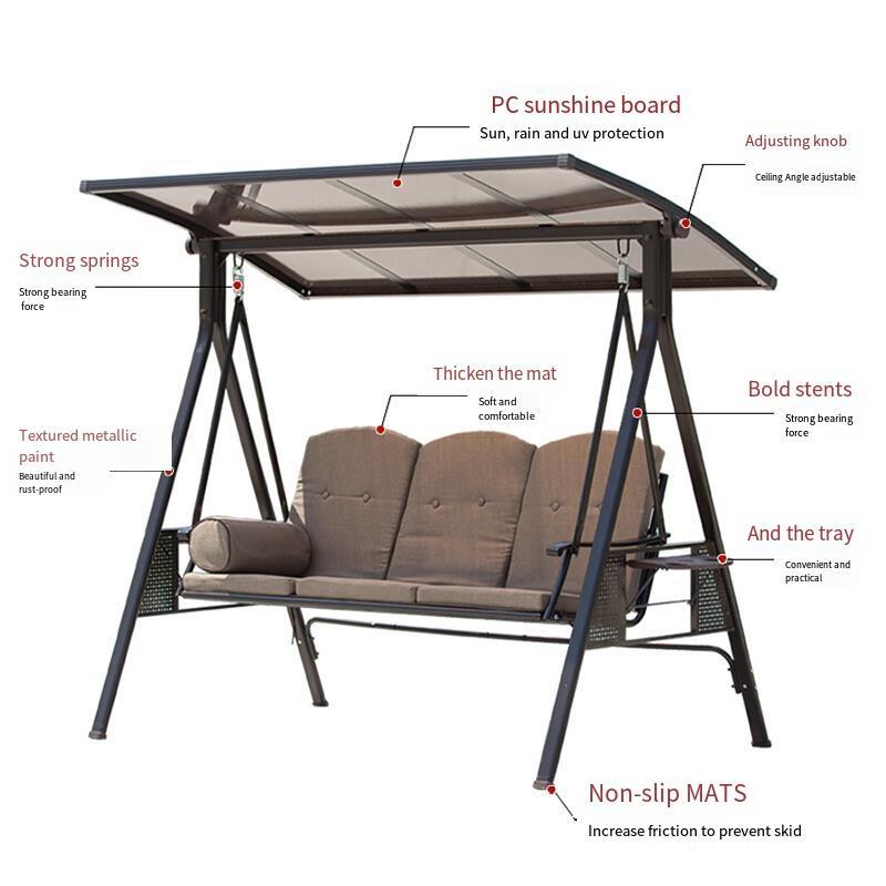 Outdoor Swing Rocking Chair Balcony Iron Double Swing Chair Outdoor Garden Hammock [Cushion + Atmosphere Lamp] Three Person Swing