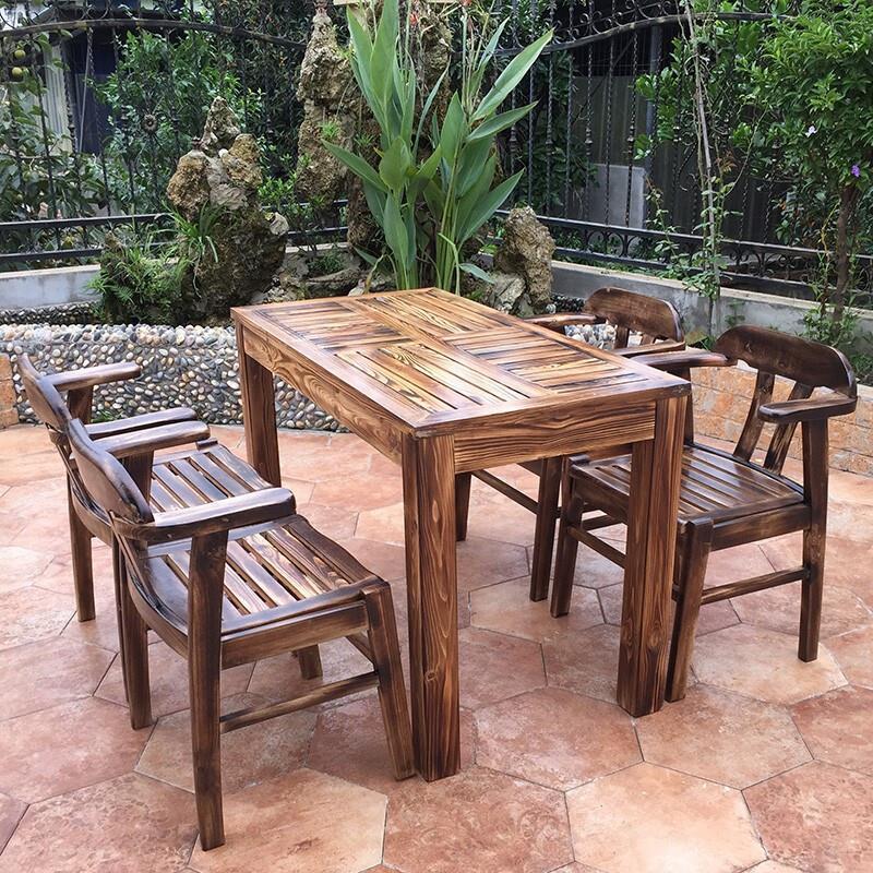 Outdoor Carbonized Anticorrosive Wood Table And Chair Combination Courtyard Open Balcony Garden Solid Wood 80 CM Square Table 4 Chairs