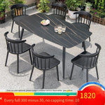 Outdoor Tables And Chairs Courtyard Balcony Garden Milk Tea Shop Rock Board Leisure Combination 6 + 1 [equipped With 16ocm Black Gold Pattern Rock Board Round Corner Long Table]