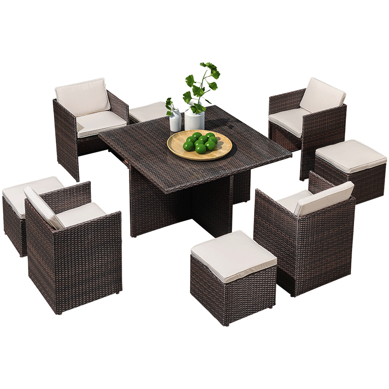 Outdoor Balcony Leisure Table And Chair Combination Courtyard Garden Terrace Rattan Chair Villa Courtyard Table And Chair 4 Chairs + 4 Benches + Square Table